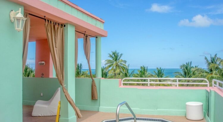 south beach, blue sky, florida, view, scenic, ocean, vacation, travel, water, architecture, sky, tropical, palm, blue, summer, resort, colorful, skyline, tourism, nature, hotel, luxury, hot tub